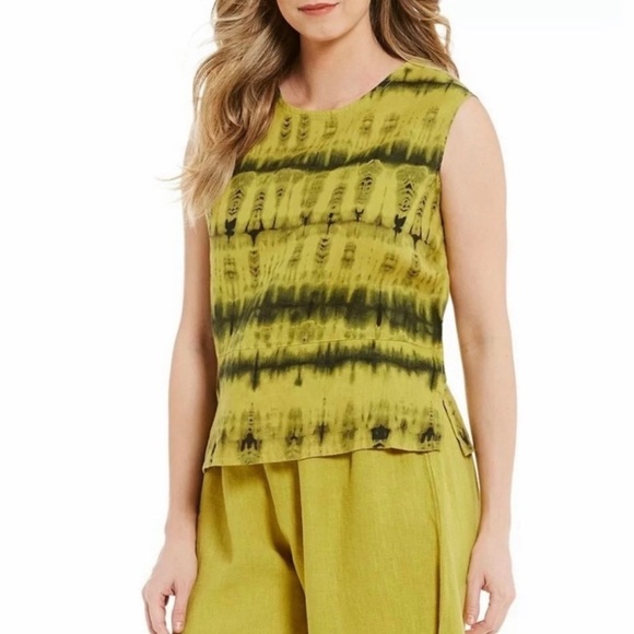 Bryn Walker Linen Yellow and Green Sleeveless Top Bohemian Festival Summer - Picture 6 of 7